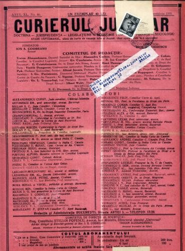 A66 Curierul Judiciar -Anul XL No. 40 - 6 Dec. 1931 -timbru A66 Curierul Judiciar -Anul XL No. 40 - 6 Dec. 1931 -timbru