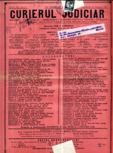 A81 Curierul Judiciar -Anul XL No. 2 - 11 Ian. 1931 -timbru A81 Curierul Judiciar -Anul XL No. 2 - 11 Ian. 1931 -timbru