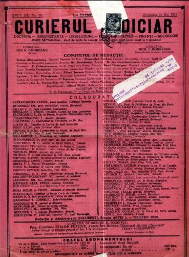 A86 Curierul Judiciar -Anul XL No. 18 - 24 Mai 1931 -timbru A86 Curierul Judiciar -Anul XL No. 18 - 24 Mai 1931 -timbru