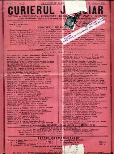A88 Curierul Judiciar -Anul XL No. 32 - 11 Oct. 1931 -timbru A88 Curierul Judiciar -Anul XL No. 32 - 11 Oct. 1931 -timbru
