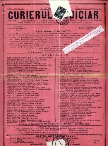 A89 Curierul Judiciar -Anul XL No. 33 - 18 Oct. 1931 -timbru A89 Curierul Judiciar -Anul XL No. 33 - 18 Oct. 1931 -timbru