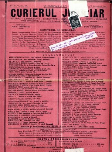 A90 Curierul Judiciar -Anul XL No. 34 - 25 Oct. 1931 -timbru A90 Curierul Judiciar -Anul XL No. 34 - 25 Oct. 1931 -timbru