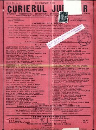 A91 Curierul Judiciar -Anul XL No. 35 - 1 Noe. 1931 -timbru A91 Curierul Judiciar -Anul XL No. 35 - 1 Noe. 1931 -timbru