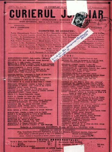 A96 Curierul Judiciar -Anul XL No. 30 - 27 Sep. 1931 -timbru A96 Curierul Judiciar -Anul XL No. 30 - 27 Sep. 1931 -timbru