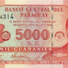 PARAGUAY █ bancnota █ 5000 Guaranies █ 2005 █ P-223a █ Serie D █ UNC necirculata