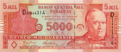 PARAGUAY █ bancnota █ 5000 Guaranies █ 2005 █ P-223a █ Serie D █ UNC necirculata foto