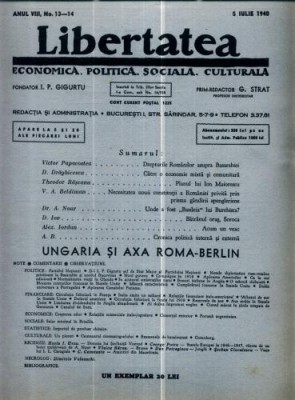 A107 Libertatea -Anul VIII, No.13 -14 - 5 Iulie 1940 foto