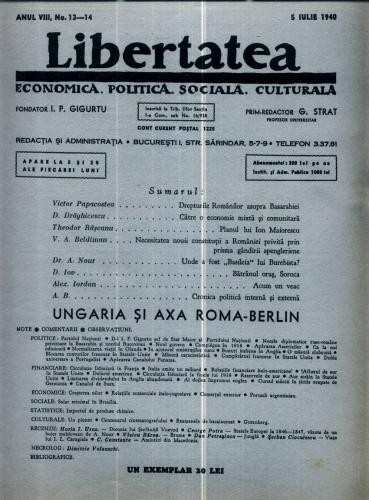 A107 Libertatea -Anul VIII, No.13 -14 - 5 Iulie 1940 A107 Libertatea -Anul VIII, No.13 -14 - 5 Iulie 1940