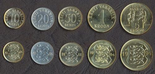 ESTONIA █ SET COMPLET DE MONEDE █ 10+20+50 Senti +1+5 Krooni █ 1994-2006 █ UNC