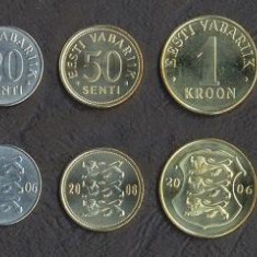 ESTONIA █ SET COMPLET DE MONEDE █ 10+20+50 Senti +1+5 Krooni █ 1993-2006 █ UNC