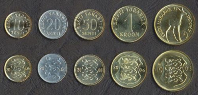 ESTONIA █ SET COMPLET DE MONEDE █ 10+20+50 Senti +1+5 Krooni █ 1993-2006 █ UNC foto