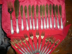 Set vechi 12+12 +2- Tacamuri Peste - maner argint ,lama bronz, 2 piese servit