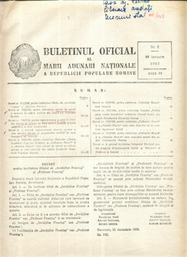 Buletinul Oficial al Marii Adunari Nationale a R.P.R. nr.2/1957