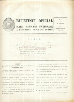 Buletinul Oficial al Marii Adunari Nationale a R.P.R. nr.4/1957 foto