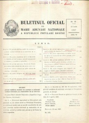 Buletinul Oficial al Marii Adunari Nationale a R.P.R. nr.15/1957 foto