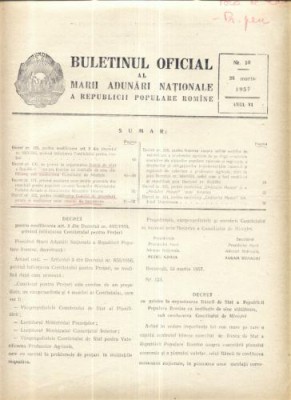Buletinul Oficial al Marii Adunari Nationale a R.P.R. nr.10/1957 foto
