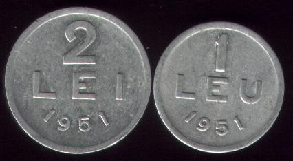 * Lot 2 monede 1 leu si 2 lei 1951