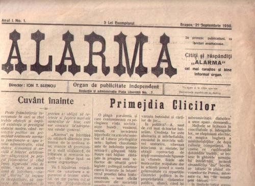 * Ziarul ALARMA 1930 - Brasov. nr.1 * Ziarul ALARMA 1930 - Brasov. nr.1
