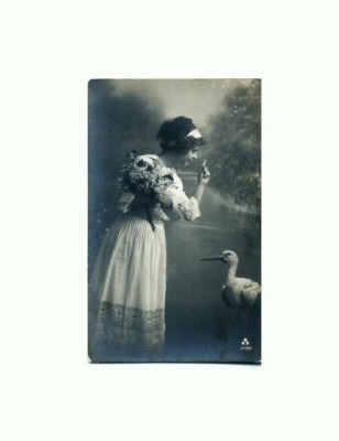 E FOTO 36 -Tanara cu buchet si barza -circulata 5 mai 1913 foto