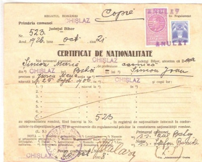 A31 Certificat nationalitate fiscalizat Mihai I Acte 1926 foto