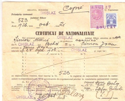 A31 Certificat nationalitate fiscalizat Mihai I Acte 1926