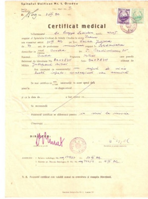 A57 Certificat medical timbre stema RPR Oradea 1952 foto