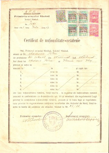 A62 Certificat de nationalitate Timbru Mihai bloc Acte