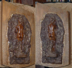 Sculptura , basorelief pe lemn , nud , vechi foto