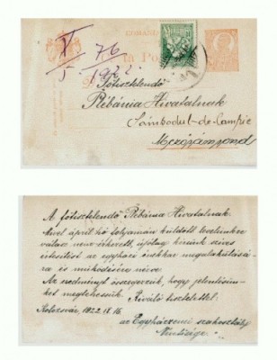 CP157-35 Kolozsvar (Cluj) 1922 IX 16 -Sambodul-de-Campie? foto