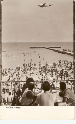 R3880 RPR Eforie, Plaja, avion in zbor, circulat 1960 foto