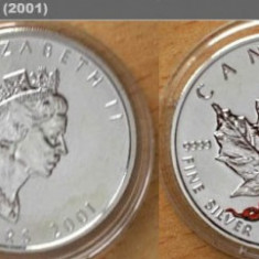 * Lingou argint - 2001 Maple Leaf - sarpe rosu - Canada - foarte rar