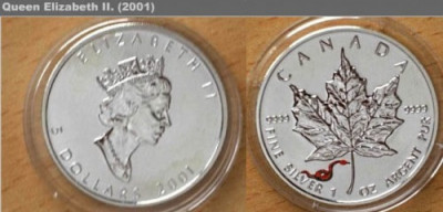 * Lingou argint - 2001 Maple Leaf - sarpe rosu - Canada - foarte rar foto