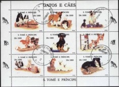 S.TOME E PRINCIPE 1995 - CAINI SI PISICI DE RASA, bloc de 9 stampilat AF17