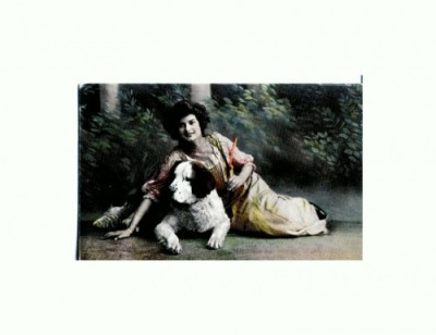 CP37 Tema canina. Doamna in tinuta de epoca impreuna cu favoritul sau. Antebelica foto