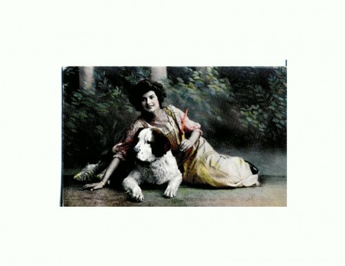 CP37 Tema canina. Doamna in tinuta de epoca impreuna cu favoritul sau. Antebelica