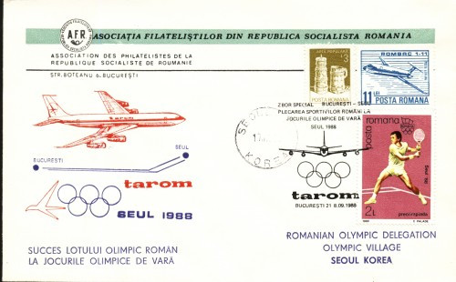 AA Aerofilatelie zbor omagial Bucuresti-Seul 1988