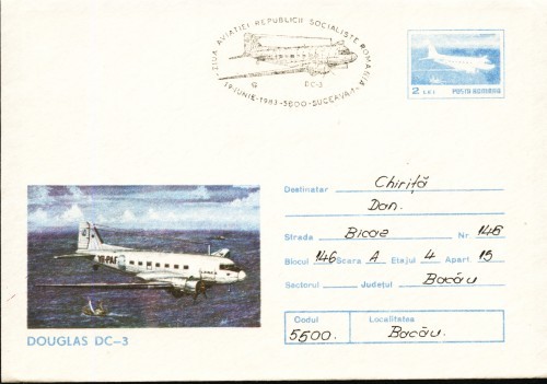 AA Aerofilatelie avion Douglas DC-3 ziua aviatiei 19.06.1983 foto mare AA Aerofilatelie avion Douglas DC-3 ziua aviatiei 19.06.1983 foto mare