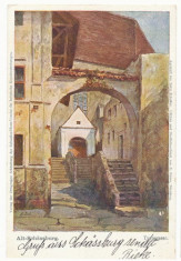 1908 Ardeal ROMANIA ilustrata circulata Sighisoara intrarea in biserica foto