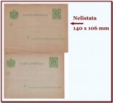 Romania 1893 - 2 carti postale provizorii cu marca fixa 5 Bani verde, varietati