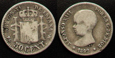 Spania 50 CENTIMOS 1892 PG-M argint rara foto
