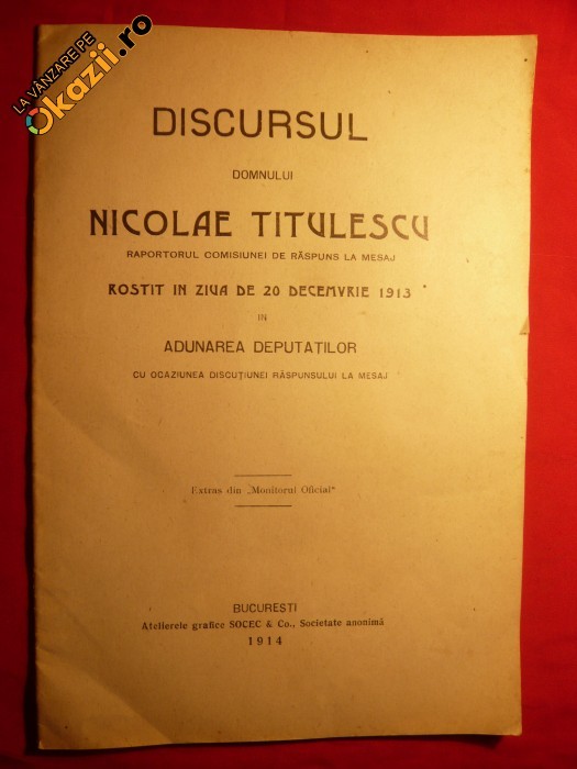 Discursul D-lui N.TITULESCU la MESAJUL TRONULUI -1914