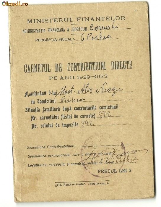 CARNET DE CONTRIBUTIUNI PE ANI 1929-1932