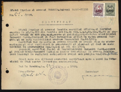 Certificat ,Berghia , Tg. Mures , 1952 , 2 timbre fiscale cu supratipar foto