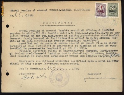 Certificat, Berghia, Raionul T&amp;acirc;rgu Mureș, 1952 , 2 timbre fiscale cu supratipar foto