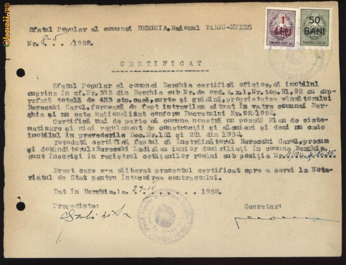 Certificat, Berghia, Raionul T&acirc;rgu Mureș, 1952 , 2 timbre fiscale cu supratipar