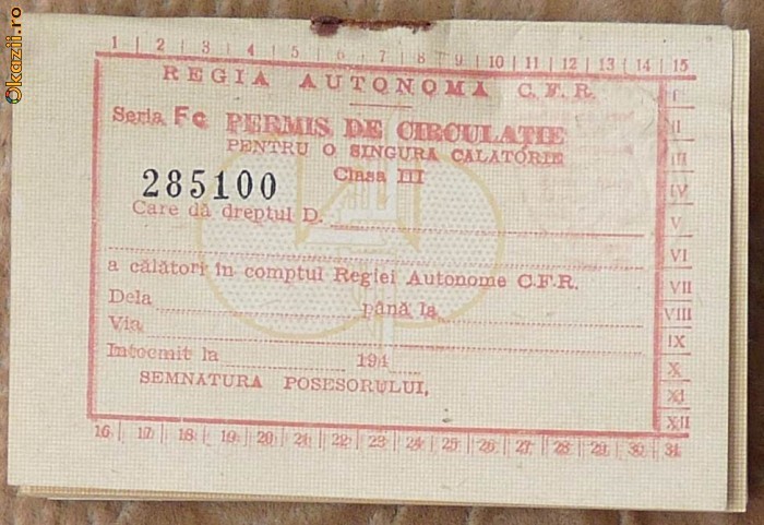 CFR , 12 permise de circulatie , 1940 , nefolosite