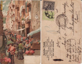 Italia- Napoli, Neapole -litografie Piata de flori , cenzura militara, Circulata, Printata