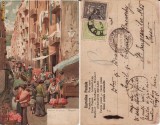 Italia- Napoli, Neapole -litografie Piata de flori , cenzura militara