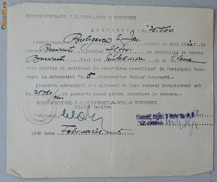 Adeverinta pregatire premilitar , pentru inscriere la examen facultate ,  1940 | Okazii.ro