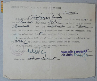 Adeverinta pregatire premilitar , pentru inscriere la examen facultate , 1940 foto